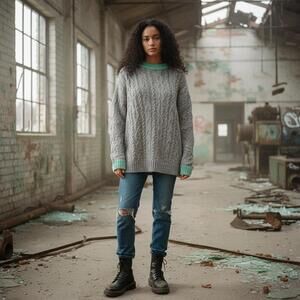 Free People Olympia Womens Gray Teal Oversized Pull On Tunic Sweater - M